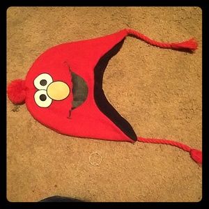 It's a hang knitted Elmo beanie cap.